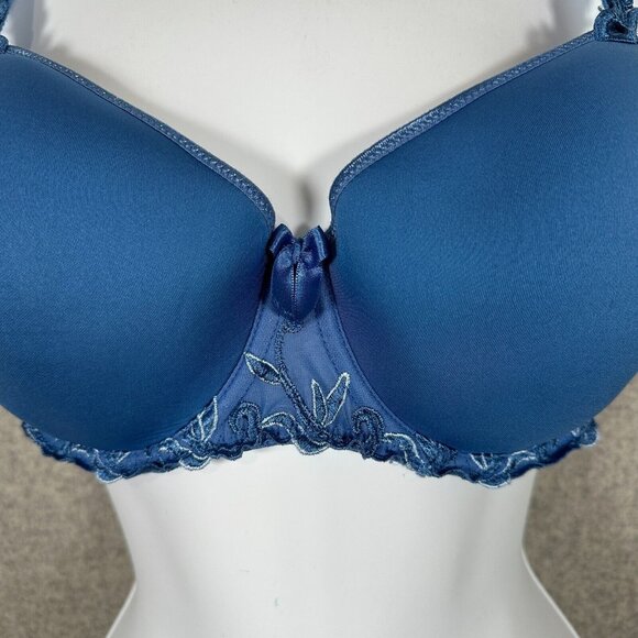 Simone Perele 34 Bra Underwired Blue Smooth Floral Mesh Bow Adjustable Straps - Picture 6 of 10